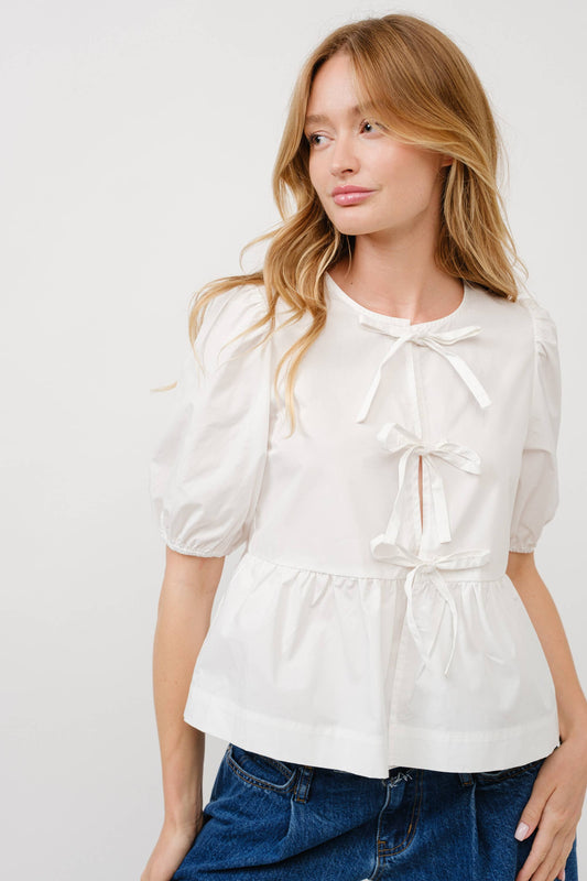 MAT2803 - POPLIN FRONT BOW TIE PEPLUM BLOUSE WITH PUFF SLEEV