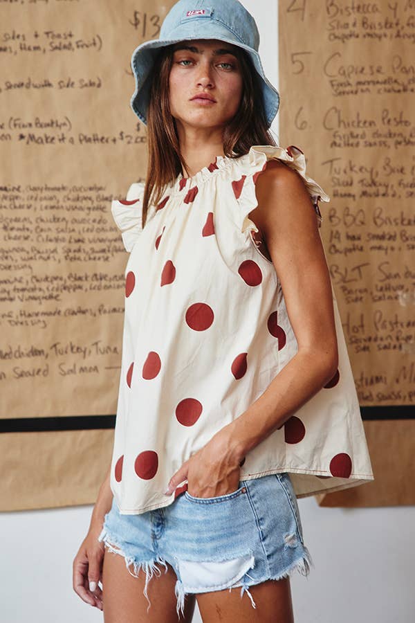 IT1524 Ruffle Neck And Shoulder Polka Dot Print Blouse Top