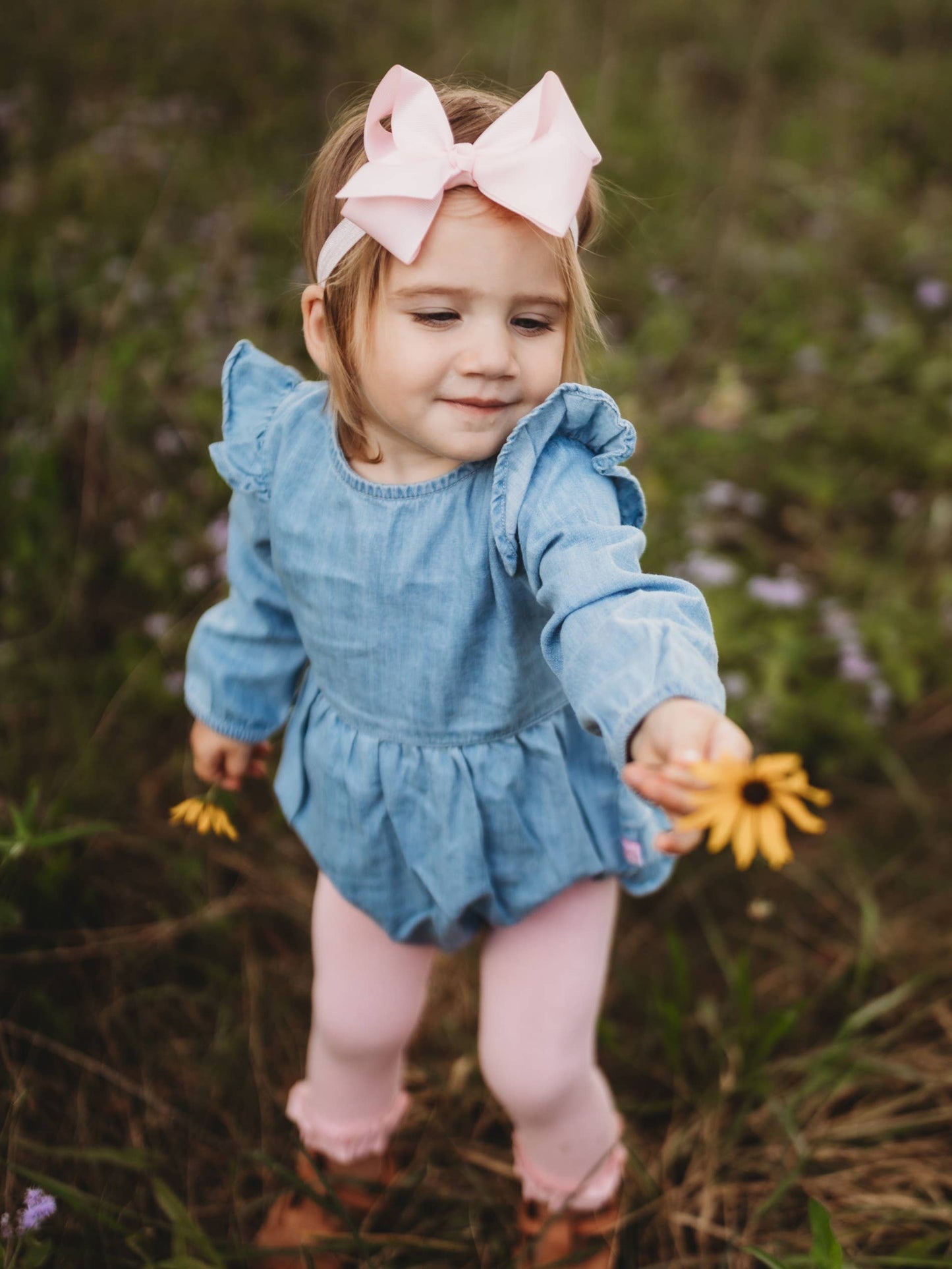 Baby Girls Light Wash Denim Long Sleeve Flutter Bubble Romper