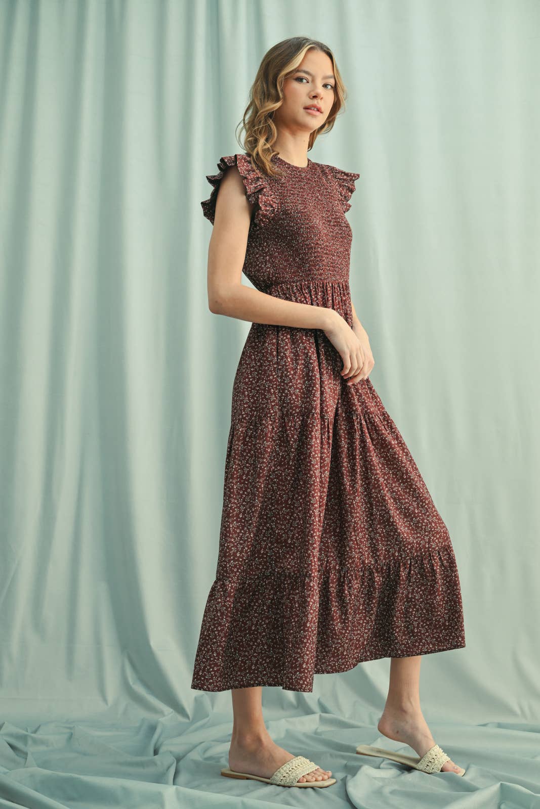 FLORAL RUFFLE SLEEVE MIDI DRESS / WL25-11014