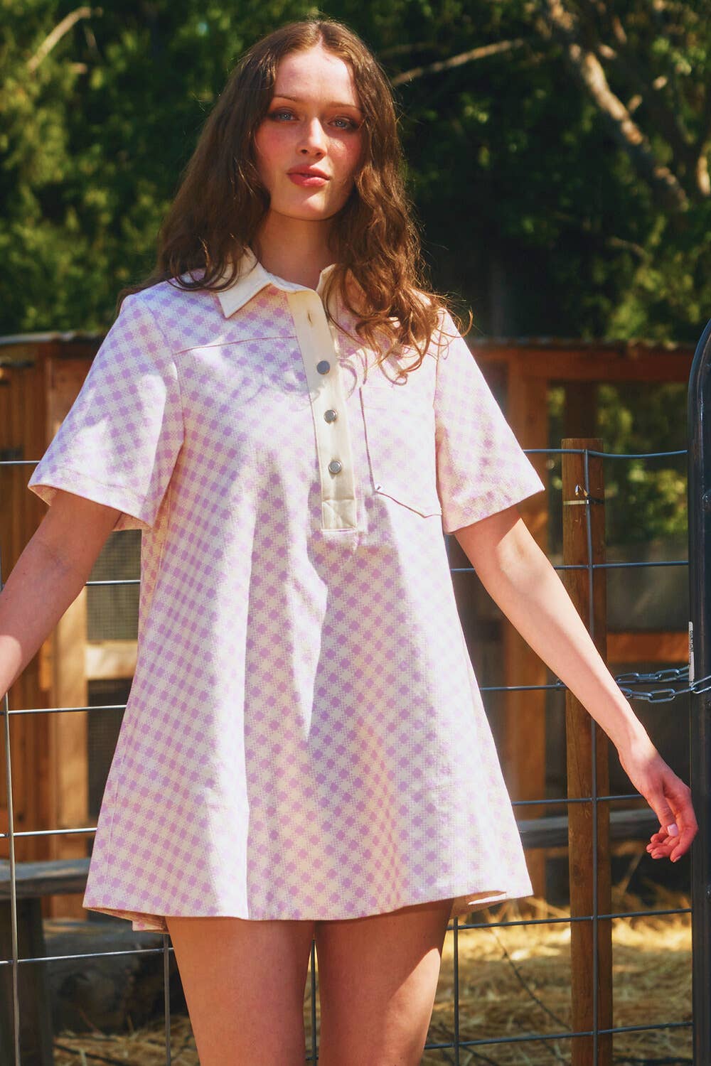 ID4328A Pleating At Back Checker Print T-shirt Mini Dress