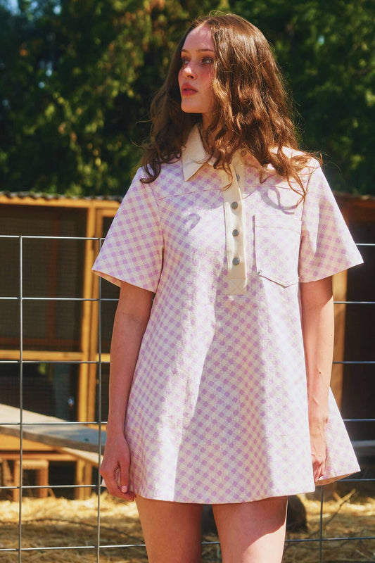 ID4328A Pleating At Back Checker Print T-shirt Mini Dress