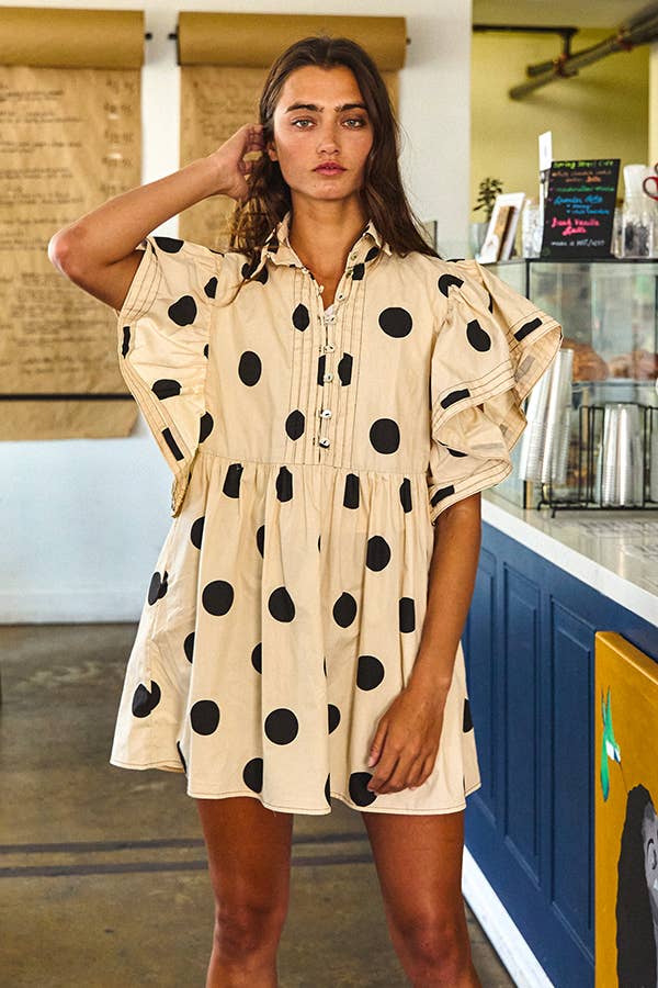 ID4283 Ruffle Sleeve Pintuck Detail Polka Dot Mini Dress