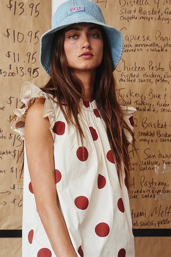 IT1524 Ruffle Neck And Shoulder Polka Dot Print Blouse Top