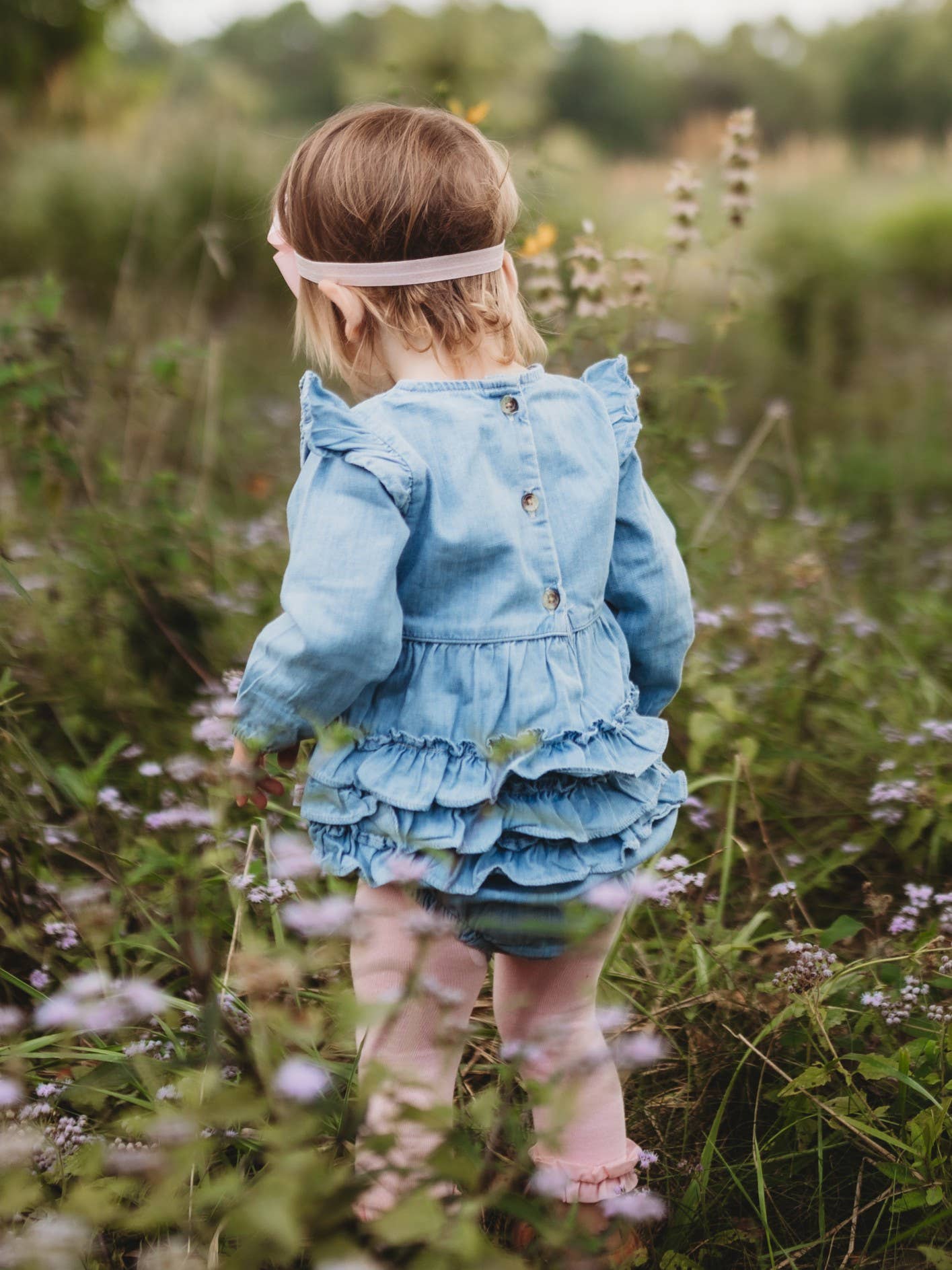 Baby Girls Light Wash Denim Long Sleeve Flutter Bubble Romper
