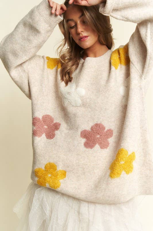 OVERSIZED LONG SLEEVE FLORAL GRAPHIC KNIT SWEATER