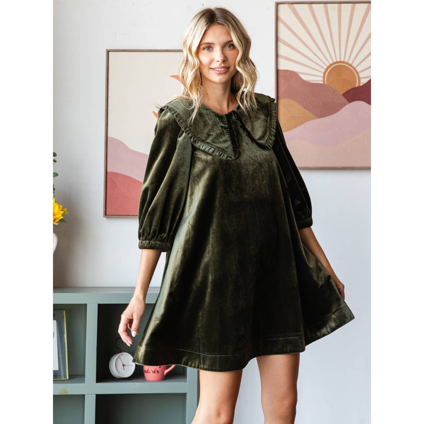 Velvet Puff Sleeve Peter Pan Collar Short Dress