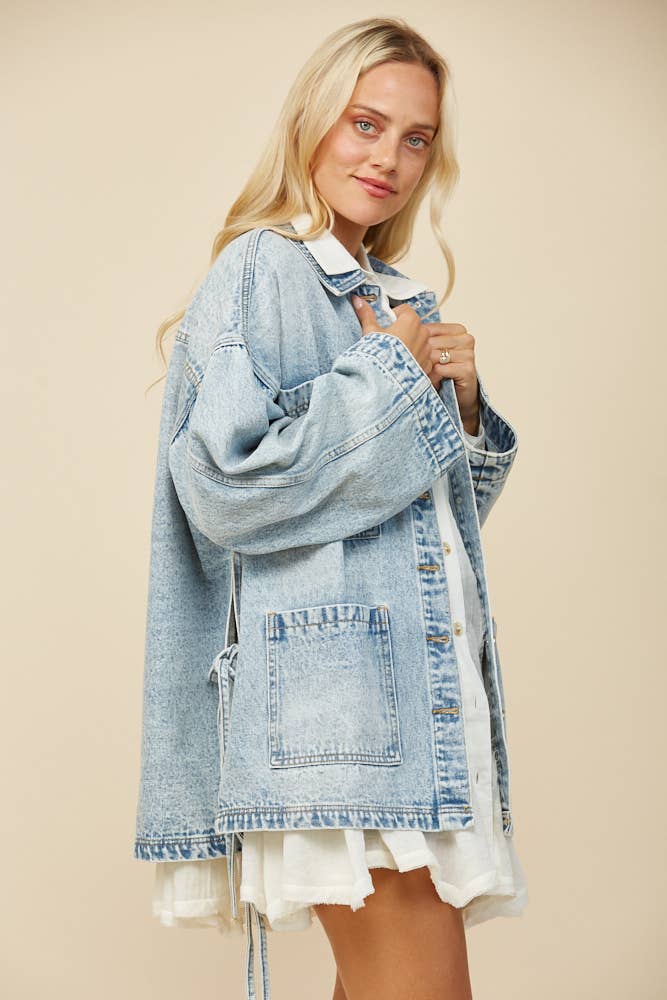 BOHO SIDE TIE DETAIL OVERSIZED DENIM JACKET 6439JIA