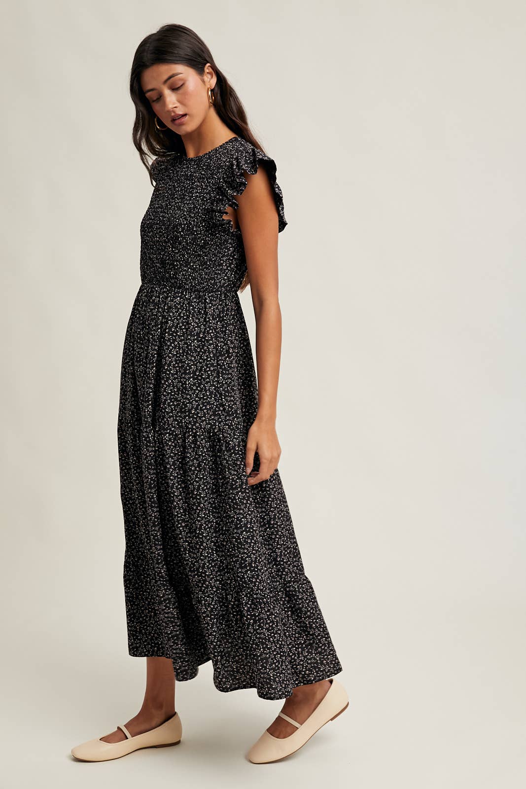 FLORAL RUFFLE SLEEVE MIDI DRESS / WL25-11014