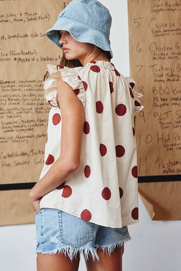 IT1524 Ruffle Neck And Shoulder Polka Dot Print Blouse Top