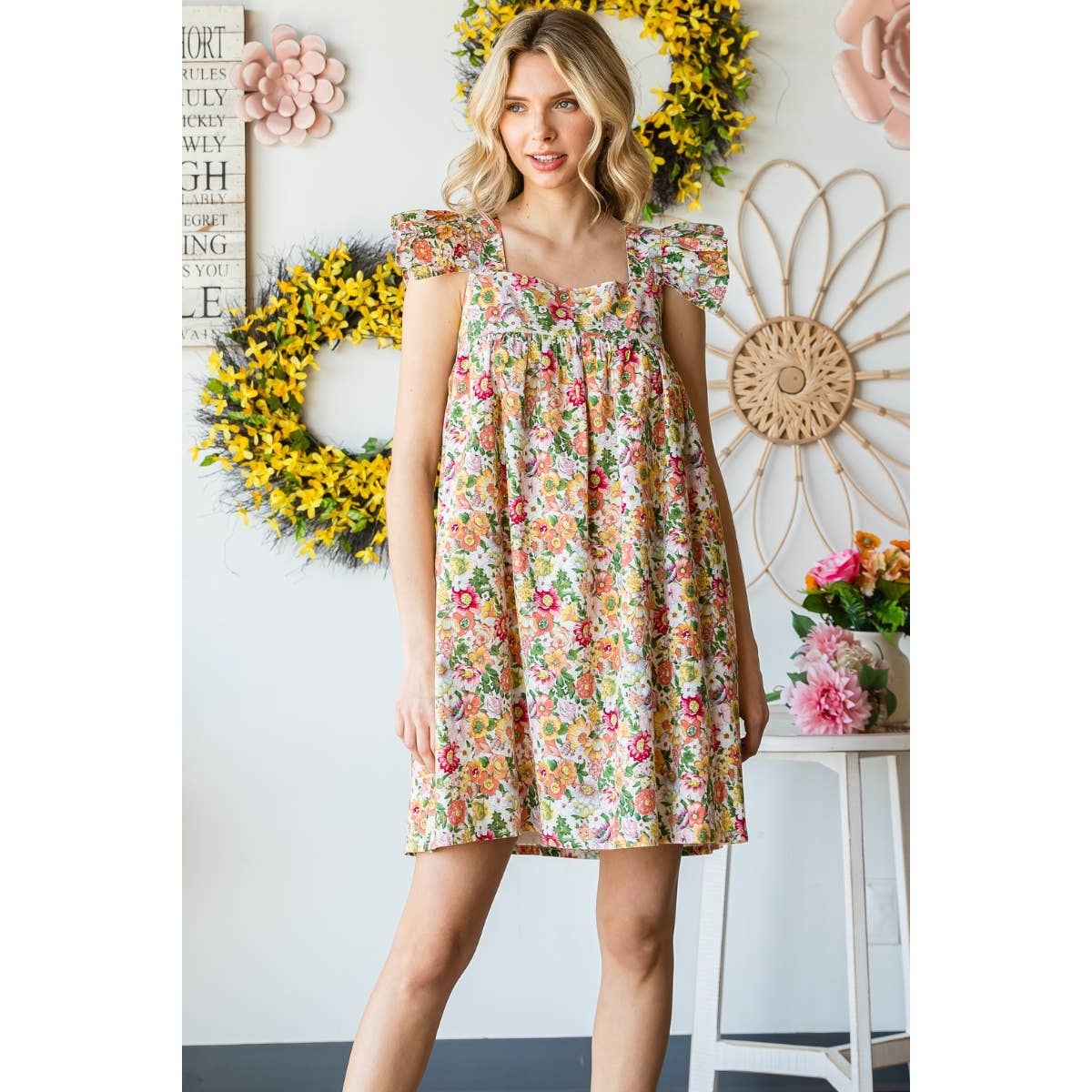 Garden Flower Print Ruffle Sleeve Mini Dress