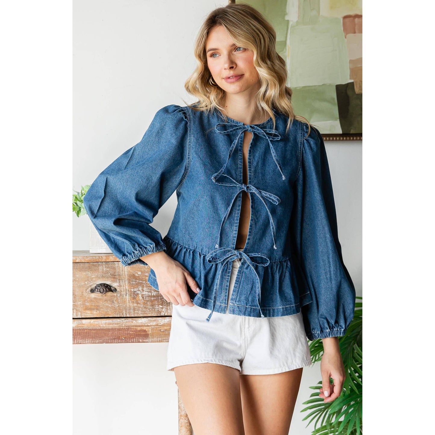 Front Ribbon Denim Top