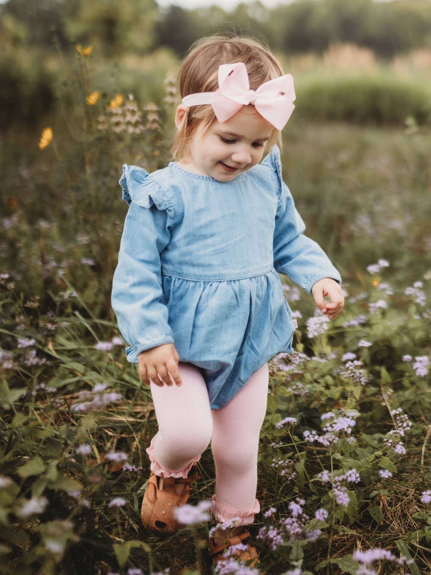 Baby Girls Light Wash Denim Long Sleeve Flutter Bubble Romper