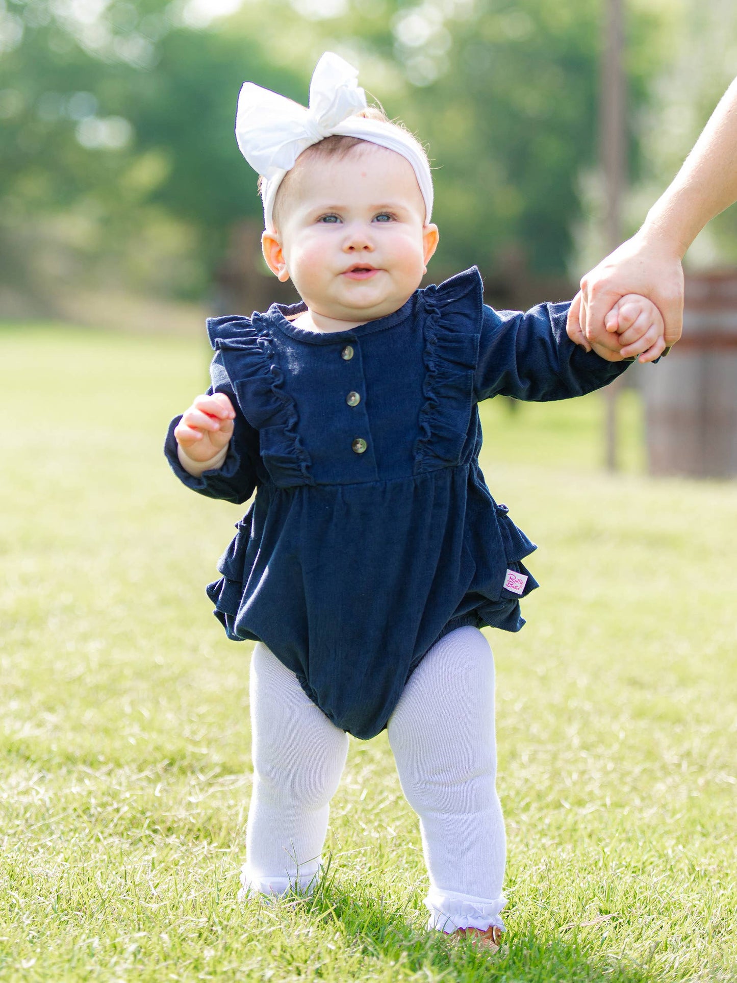 Baby Girls Dark Navy Stretch Corduroy Waterfall Bubble Romper