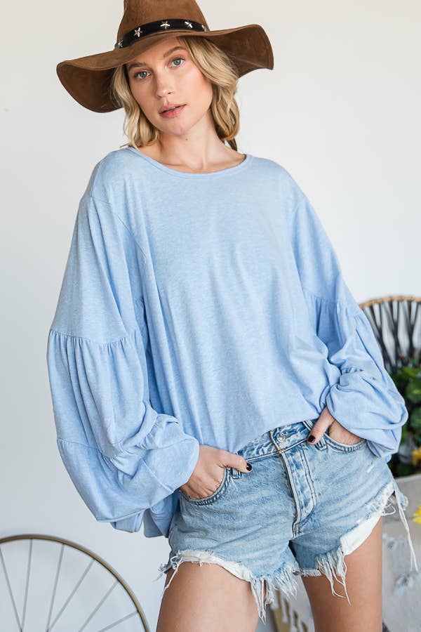 T1174F Tiered Puff Sleeve Solid Tunic Top