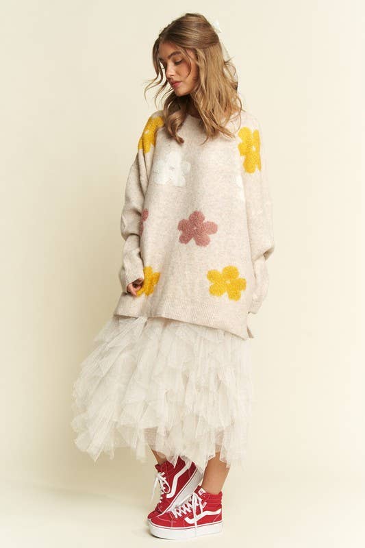 OVERSIZED LONG SLEEVE FLORAL GRAPHIC KNIT SWEATER